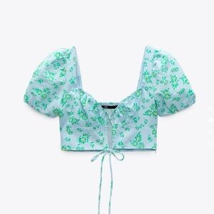 Zara Floral Puff Sleeve Crop Top with Tie Front